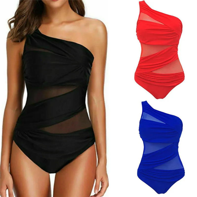 M3XL 4XL Plus Size Swimsuits Women One Shoulder Slim Swimwear For Mesh Solid Black Red Blue Push Up Padded Bathing Suits 260306