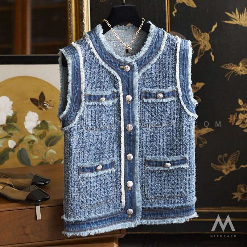 Mardi Hefxessdr Women's Spring Autumn 2026 New Flow Sleeveless Tank Top Coat Fragrant Fur Edge Denim Vest