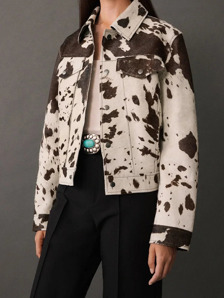 Chic Zipper Spotted Print Short Jacket Women Lapel Button Casual Slim Denim Coats Autumn Lady High Street Outerwear 260303