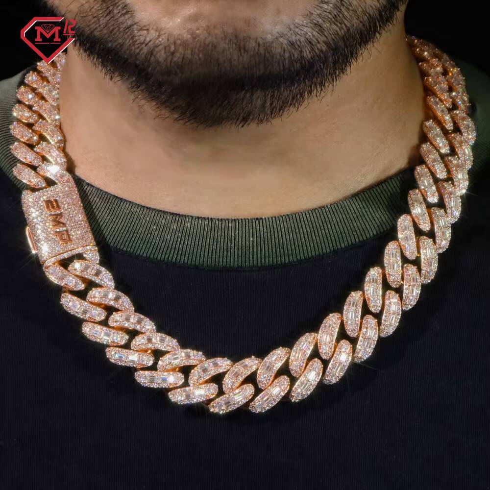 Luxury Rappers Iced Out Rose Gold Chain Emerald Cut Moissanite Cuban Link Chain Mens Hip Hop Miami Chain