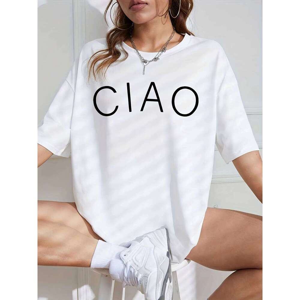 Women'S Letter Print Casual T-Shirt, Polyester Knit Fabric, Regular Length, Crew Neck, Fashion Top for All Seasons XJ260306