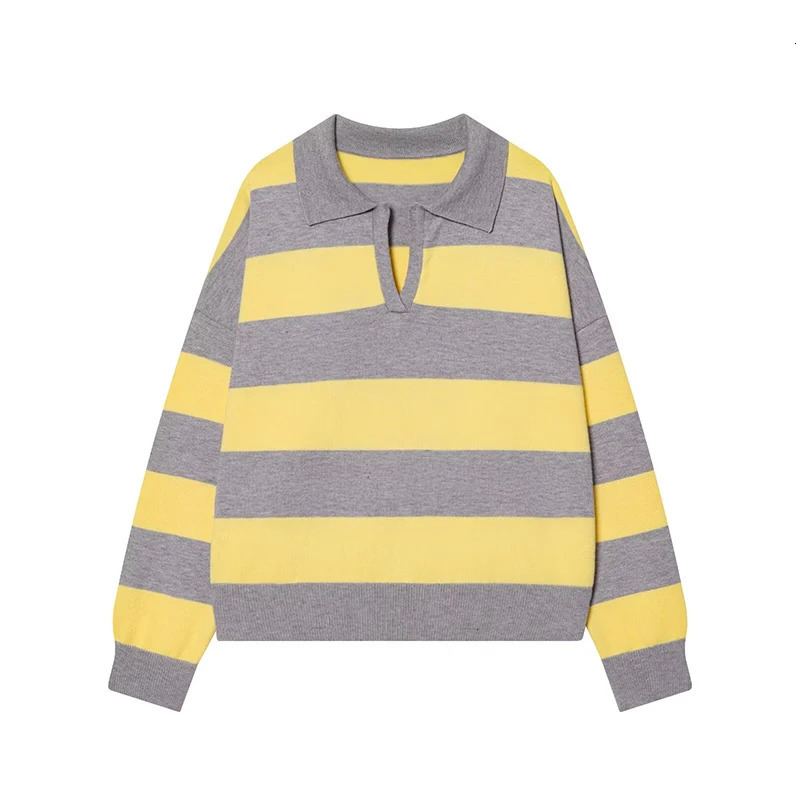 Womens Fashion Striped knitted Sweater Autumn Winter Polo Collar Long Sleeves Pullover Vintage Female Chic Tops 260306
