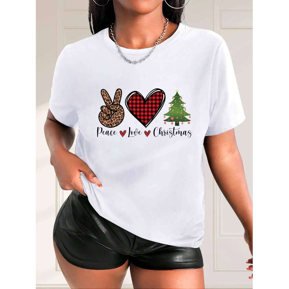 Women's Festive Graphic T-Shirt Casual Crew Neck Peace Love Holiday Design Winter Top for Various Occasions XJ260306 XJ260306