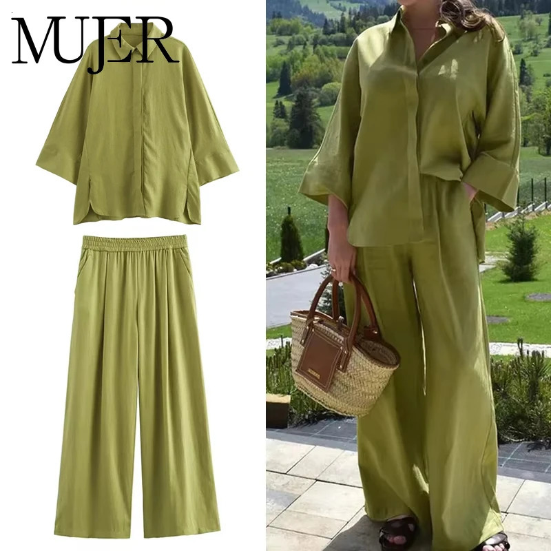 MUJER Women Pants Sets Oversize Casual Shirt Fashion Linen Set Woman Two Pieces Wide Leg Baggy Suit Summer Outfit 260306