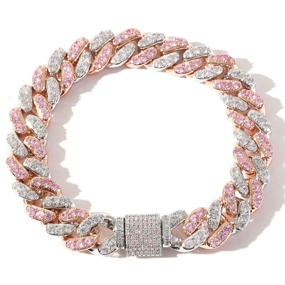 Direct sales from the source manufacturer: high-quality 12mm Cuban chain men's personalized hip-hop bracelet with zircon stones, pink white, Euro