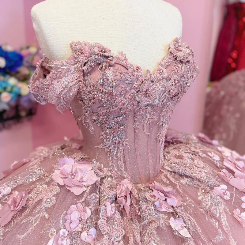 Pink Shiny Quinceanera Dresses Ball Gown Off The Shoulder Applique Flower Beading Crystal Tull Corset Party Birthday Sweet 16 Vestidos 15 De Anos