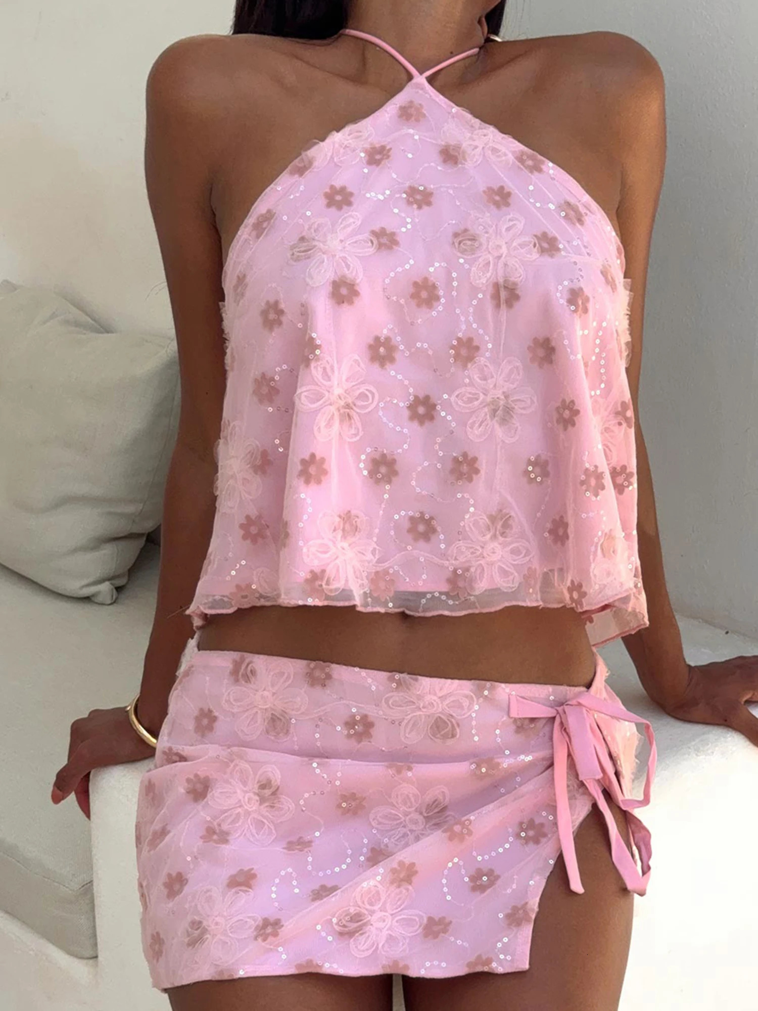 Women s Elegant Floral Print Ruffle Sleeveless Halter Neck Crop Top with High Waist ALine Mini Skirt 2 Piece Set for Summer 260306