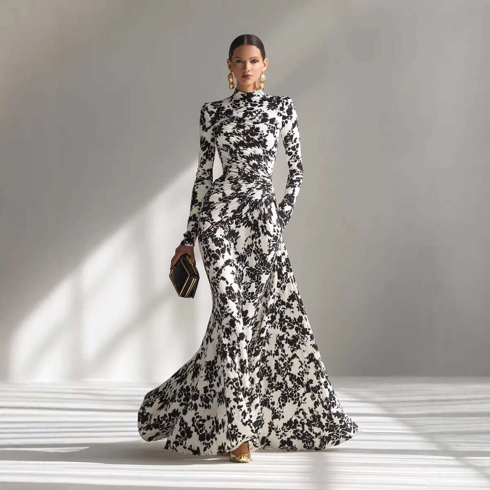 European American Spring And Autumn Fashion Women's Long-Sleeve Printed Pleated Long Elegant Gown Dress