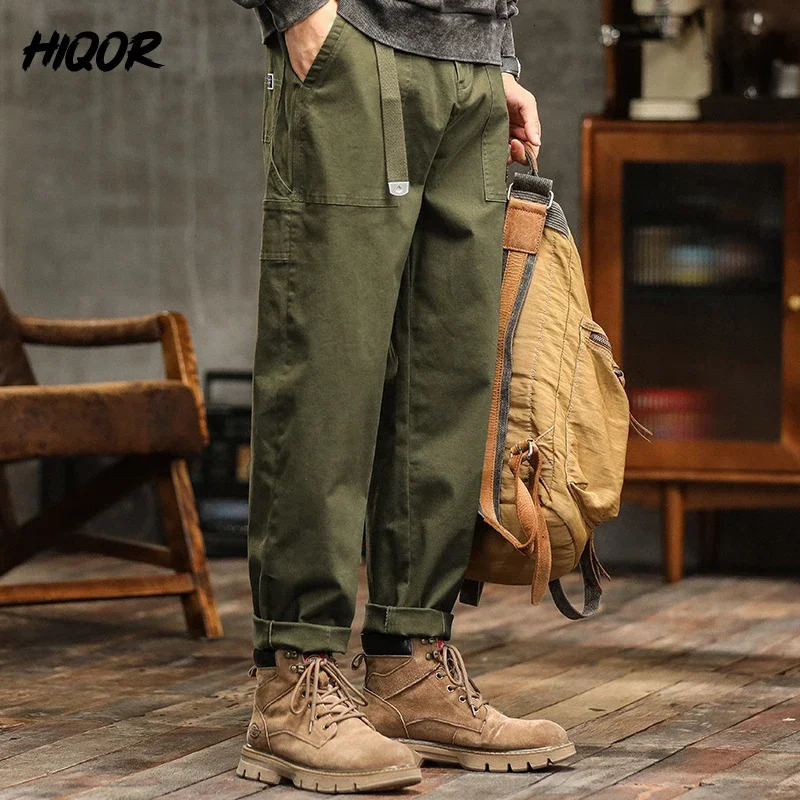 HIQOR Mens Loose Profile Pants American Vintage Trousers For Men High Waist Army Green Mens Casual Pants Cargo Trousers Male 260304
