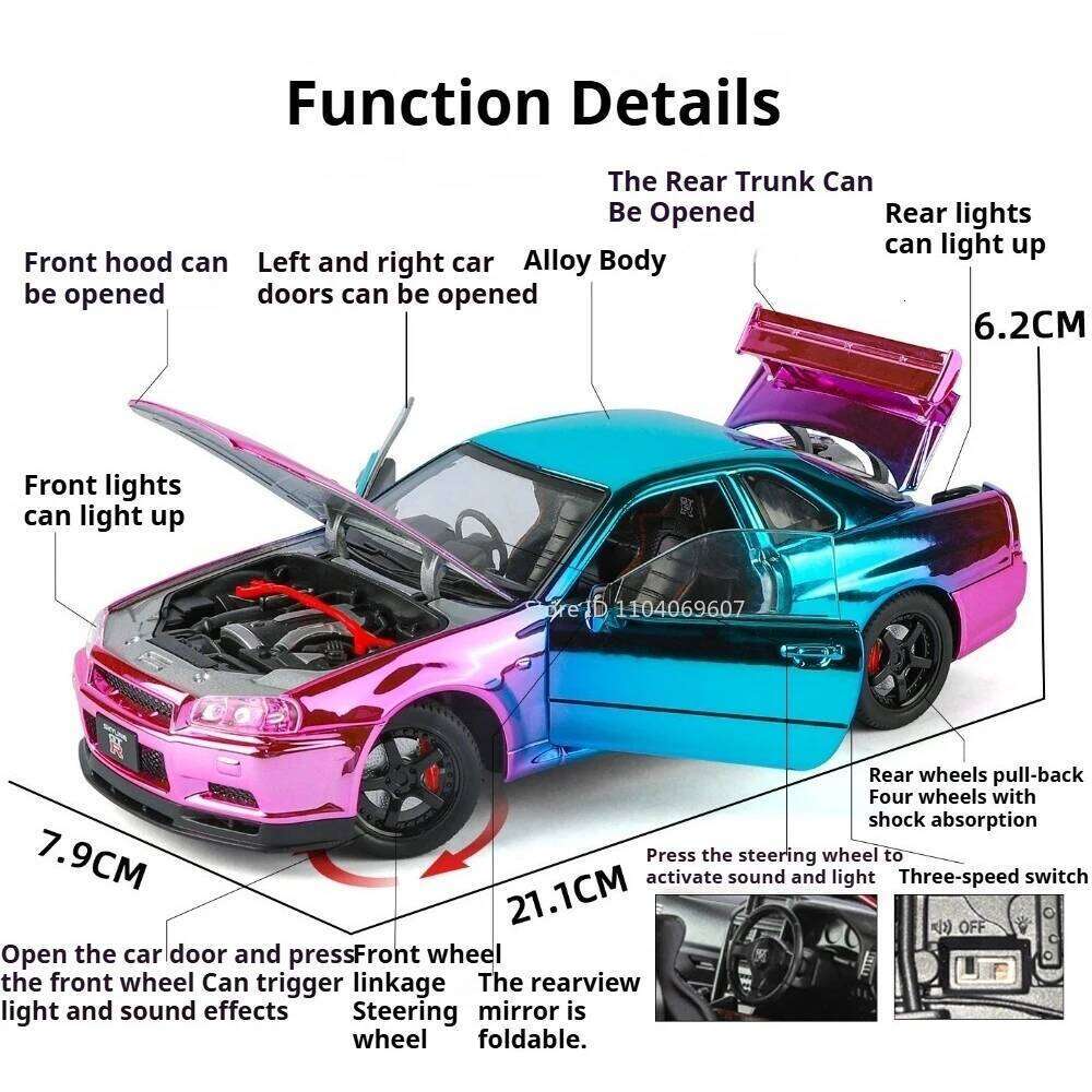 1:24 GTR-R34 Alloy Car Diecast Model Toys Front Wheel Steering with Sound Light Pull Back Miniature Vehices Kids Christmas Gifts Z260307