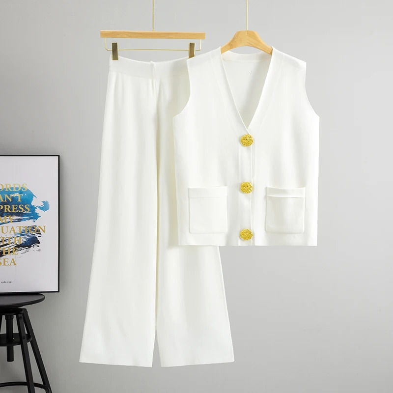Casual Knit 2 Pieces Suit Women Vneck Sleeveless Single Breasted Slim Tank Wide leg Pants Female Set Spring Summer 260306