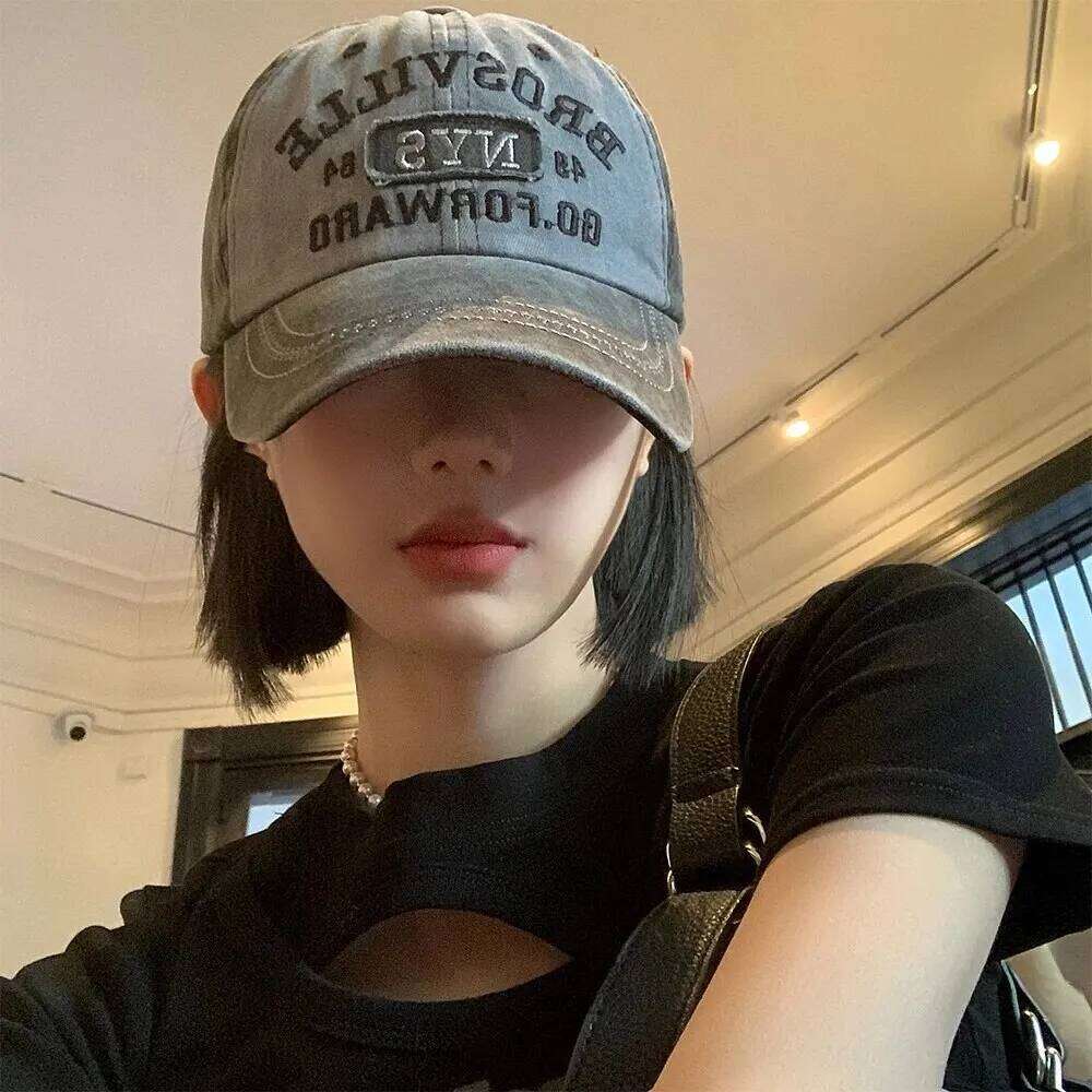 American Retro Baseball Women's Soft Top Letter Washed Cowboy Duck Tongue Wide Brim Big Head Surrounding Face Small Hat Y260304