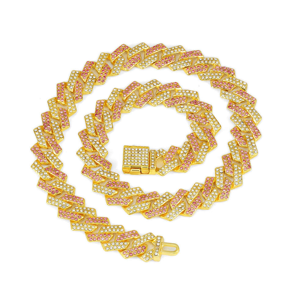 European and American Cross-Border Hot-Selling 15mm Diamond-Shaped Small Flip Cuban Chain High-Quality Pink Blue Hip-Hop Necklace Wholesale