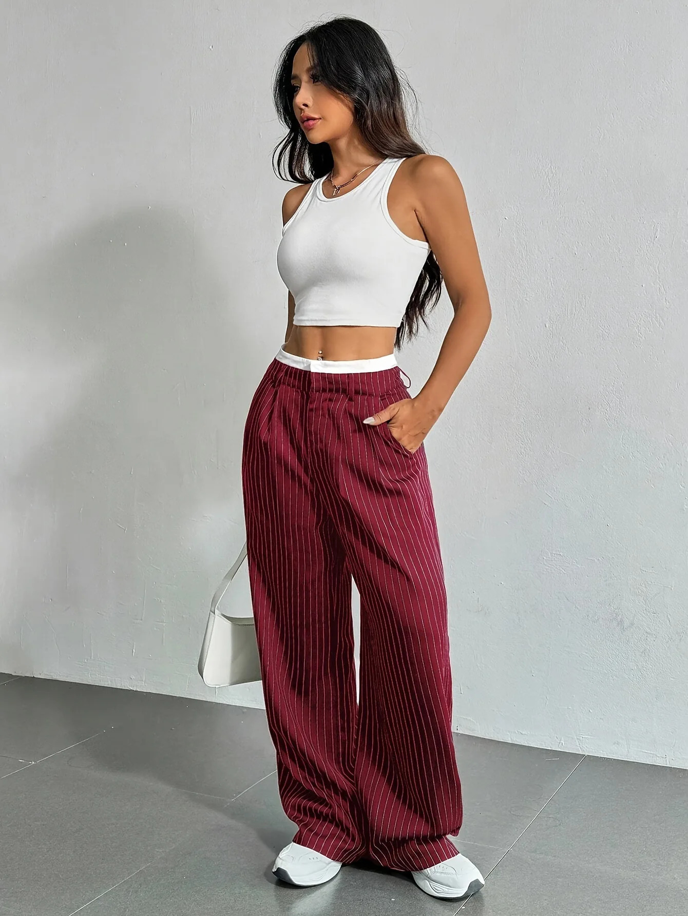 Womens Straight Leg Pinstripe Trousers High Waist Office Business Pants Casual Striped Dressy With Pockets 260306