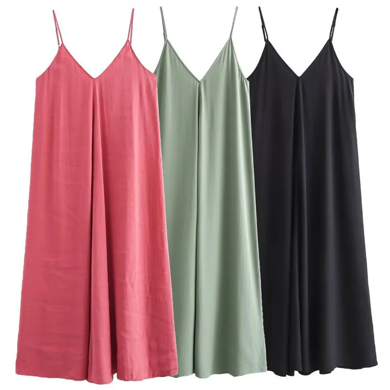 HXAO Womens Slip Dress Summer Green Red Black Dress Casual V-Neck Backless Long Dresses Sleeveless Vestidos Resort Dresses 260306