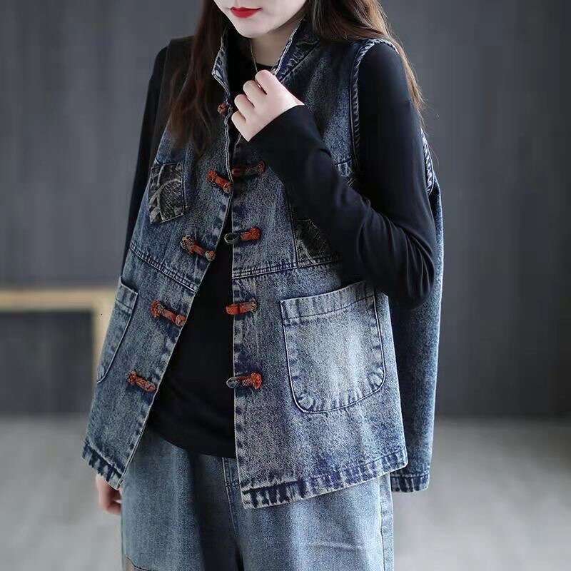 Mardi Hefxessdr Women's Denim Vest Cotton Spring and Summer Short Plus Size Vest Chinese Style Korean Fashionable Sleeveless Jacket Women