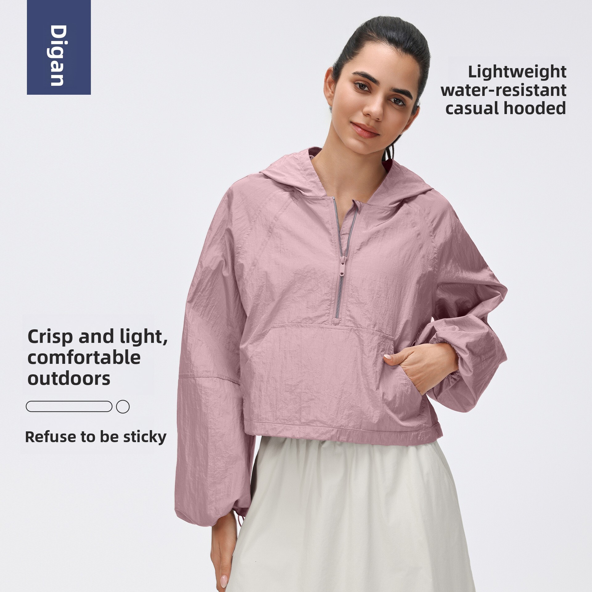 Spring Half-Zip Hooded Sports Windbreaker for Women, Short Loose Fit, Versatile Outdoor Running Fitness Jacket