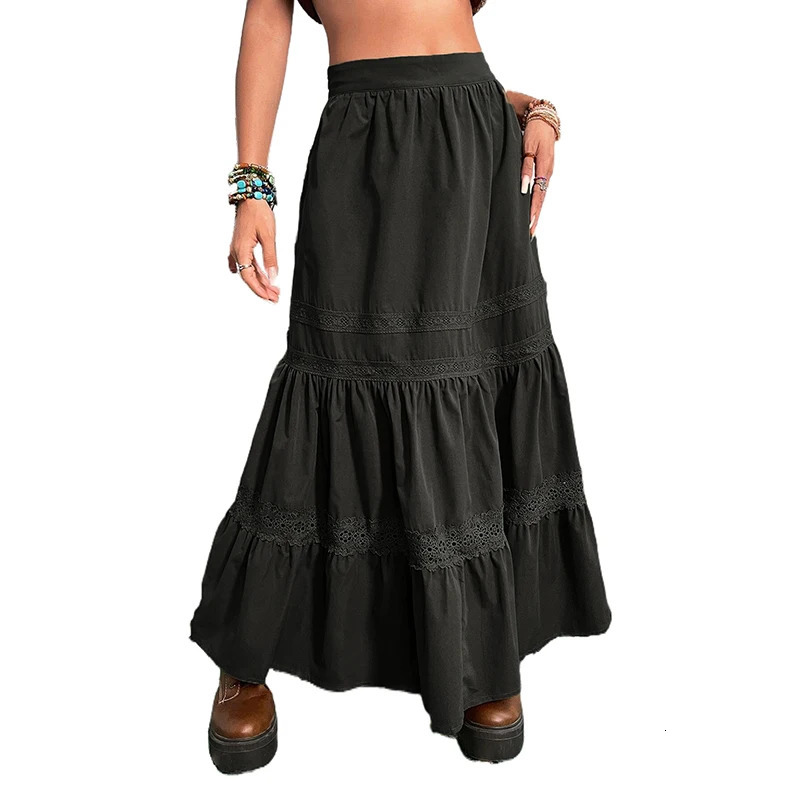90s Vintage Green Pleated Skirts Korean Fashion Holiday Boho High Waist Long Skirts Retro Y2K Fairycore Cute Lace Trim Clothes 260306