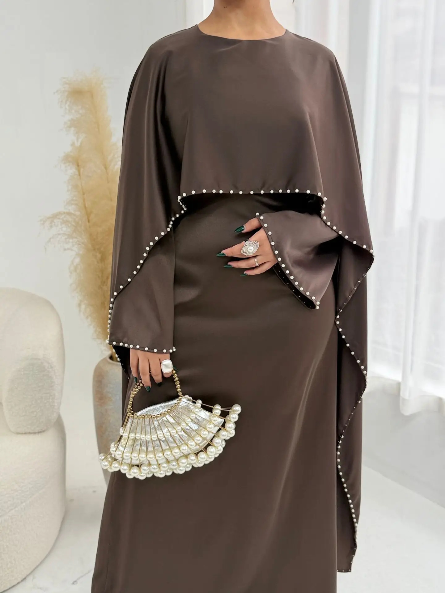 Eid Women Party Dress Abaya Beading Cape Long Sleeve Muslim Jalabiya Ramadan Solid Vestidos Largos Party Dresses Arab Long Robe 260304