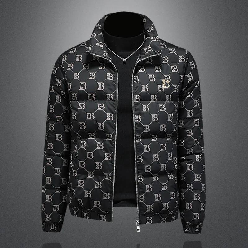Minglu White Duck Down Stand Collar Men's Jackets Luxury Allover Printed Autumn Winter Zipper Casual Male Coats Plus Size 5XL
