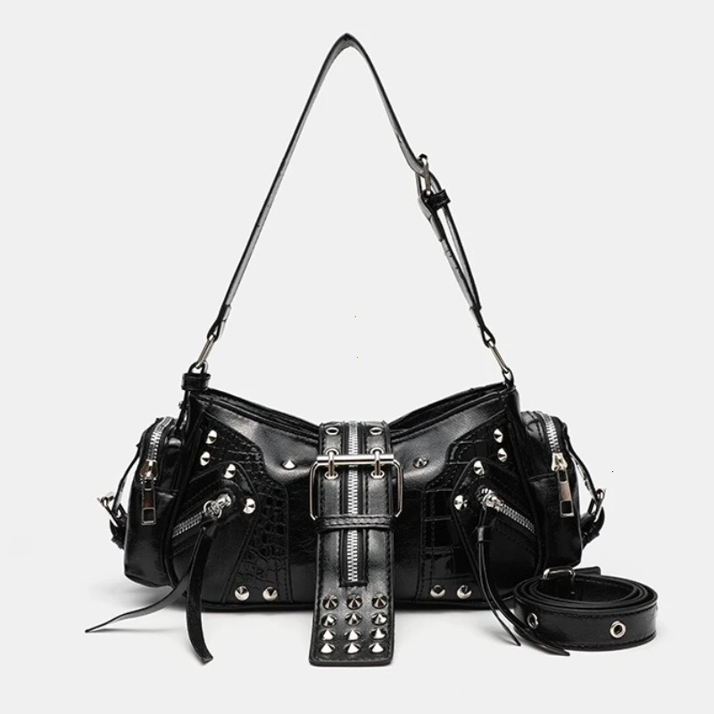 Womens Y2k Punk Vintage Shoulder Purse PU Leather Gothic Rivet Handbag Waist Bag Black Cross Body Bags with Spikes 260303