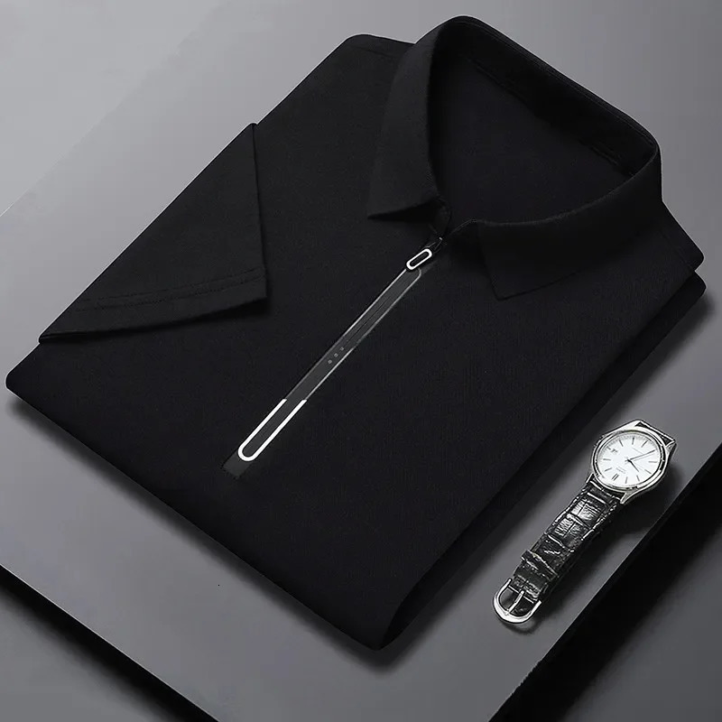 Mens Business Casual Zipper Short Sleeve Solid Color Polo Shirt Fashionable Warm Comfortable Four Seasons Versatile Top 260304