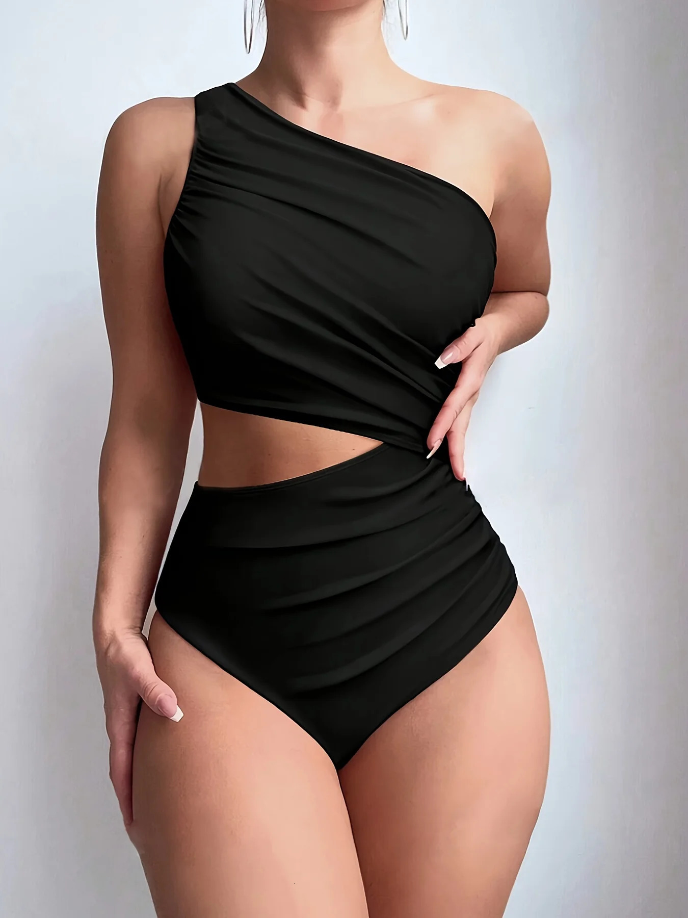 A Set of Sexy Solid Color Hollow Jumpsuit Beach OneShoulder Womens Swimsuit 260306