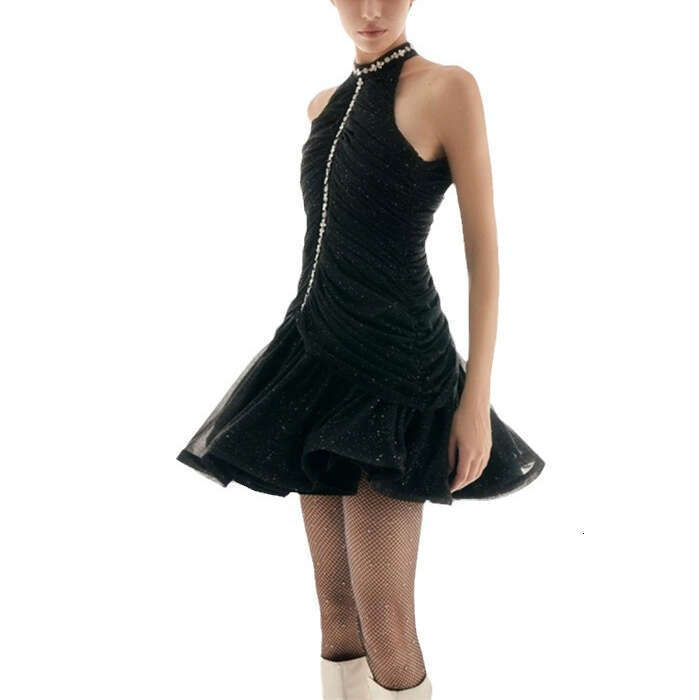 2026 niche designer a3 fashion celebrity wearing Rhinestone fashion backless collar sleeveless pleated waistband A-line dress