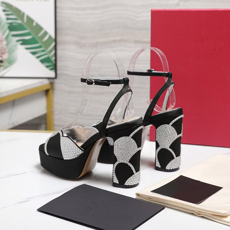 2026 Platform rhinestone Peep Toes pumps shoes Sandals high-heeled ankle strap chunky heels Slingbacks shoes 11mm Women Luxury Designers Evening Party shoes US 35-43