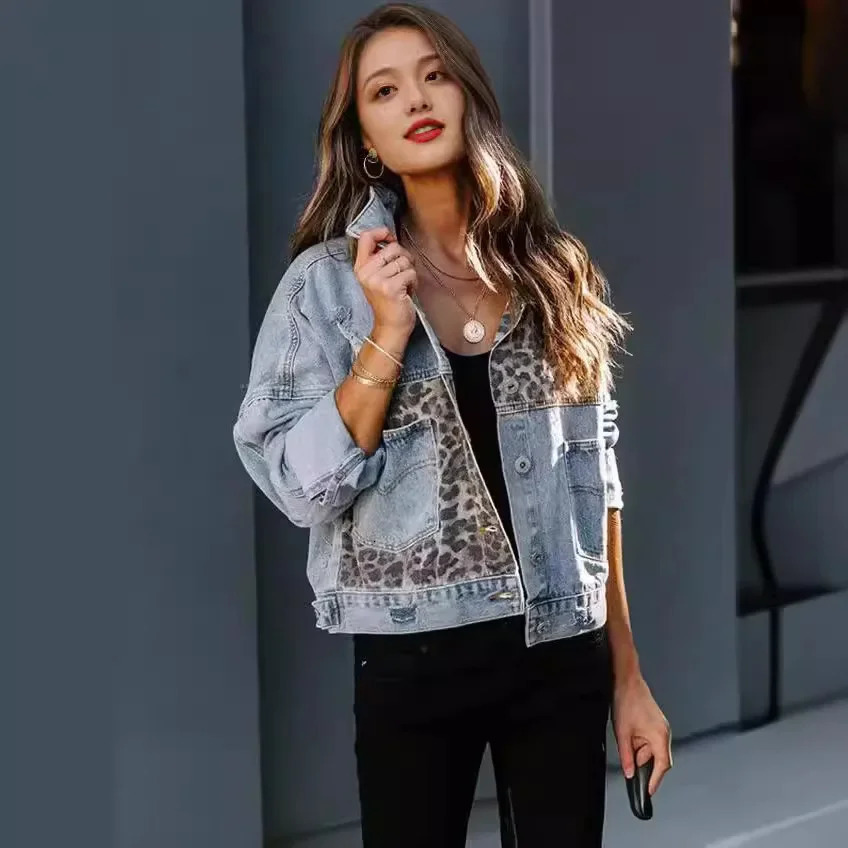 Cross-Border Denim Jacket Womens Long Sleeve Standalone European and American Style Denim Coat Womens Leopard Printed 260306