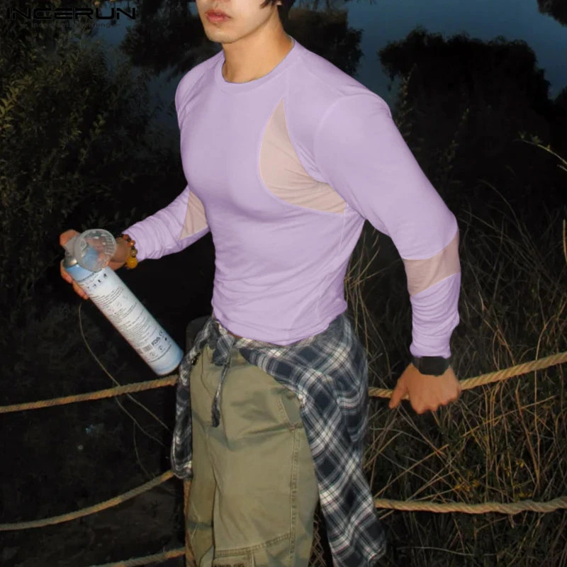 INCERUN Men T Shirt Mesh Patchwork See Through Oneck Long Sleeve Male Tee Tops Streetwear 2026 Fashion Casual Clothing Sexy 260228