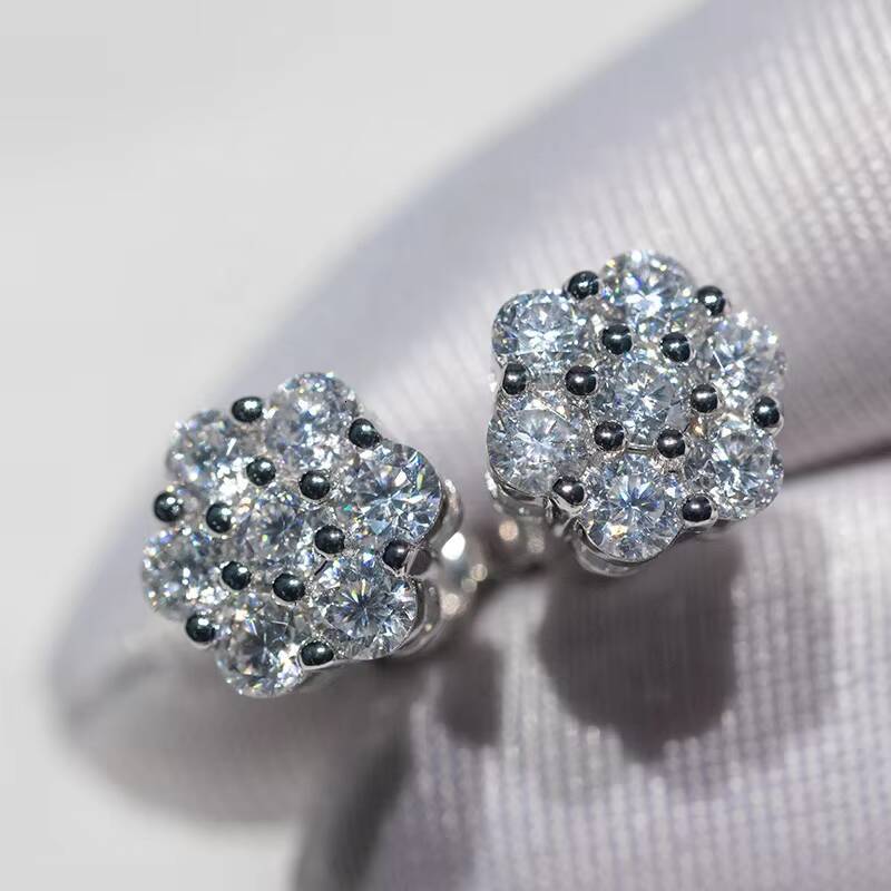 Ready to Ship GRA Hip Hop Stud Earrings Moissanite Men Earrings 925 Sterling Silver Cluster Flower 9mm Moissanite Rings