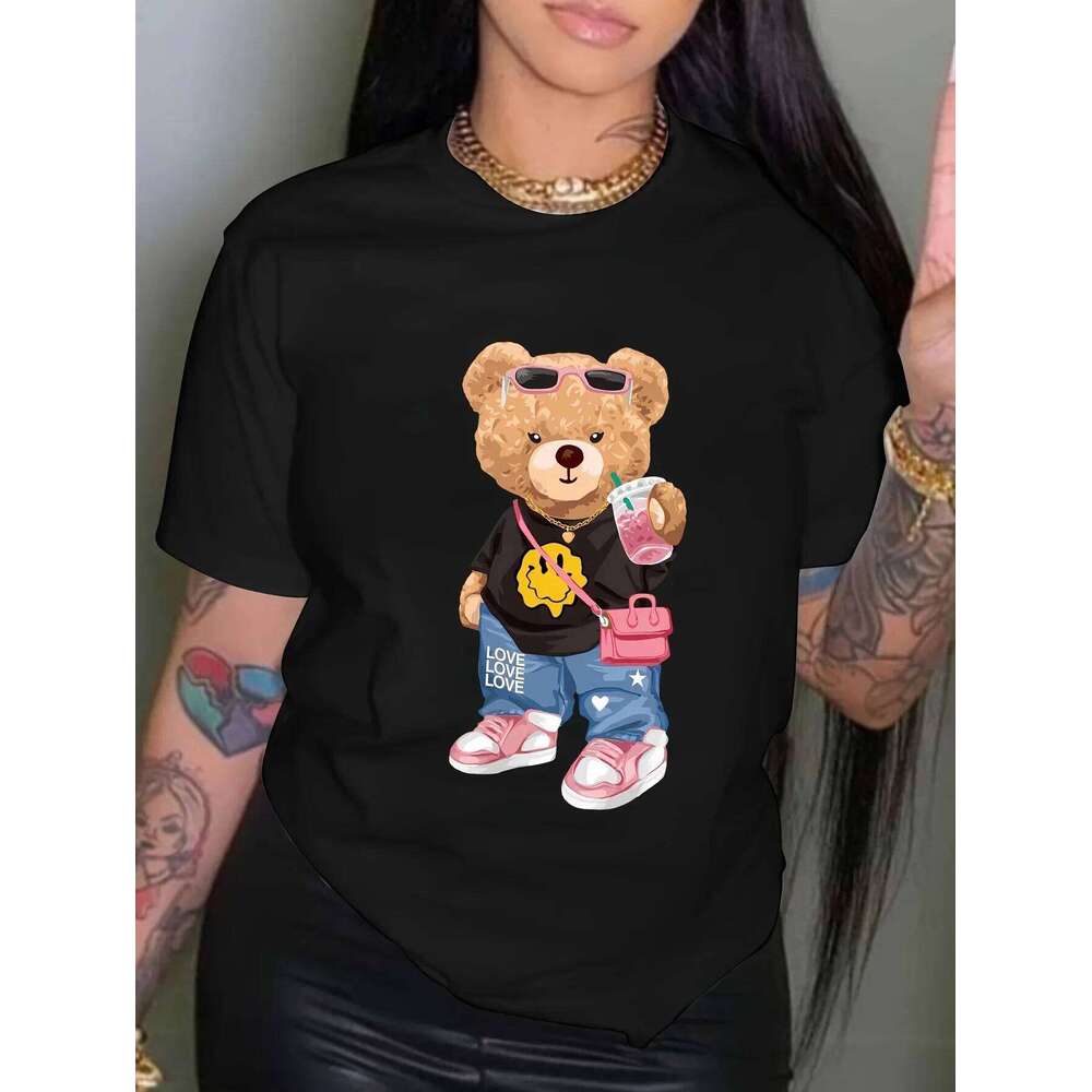 Cool Little Bear Print T-shirt Short Sleeve Crew Neck Casual Top for Summer & Spring Women's Clothing XJ260306