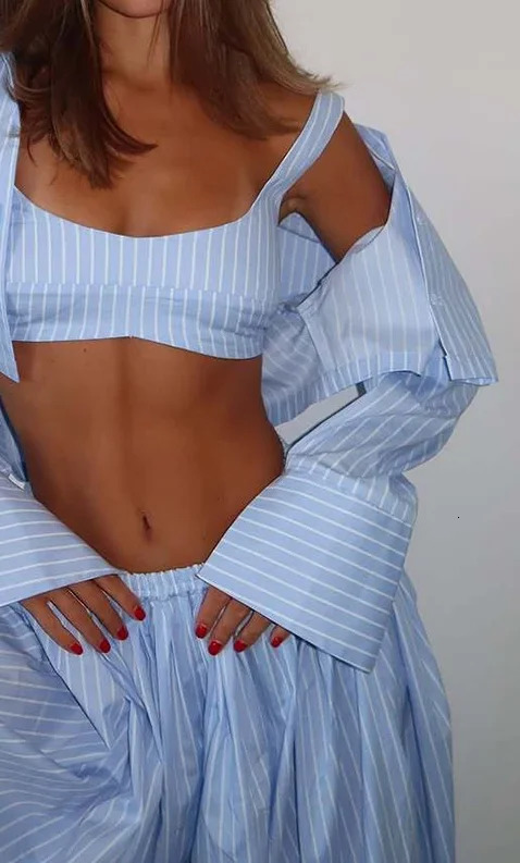 Women Stripe Drop Waist Lantern Pant 3 Pieces Suit Sleeveless Vest Long Sleeve Lapel Shirt Sets 2026 Female Casual Street Wears 260306