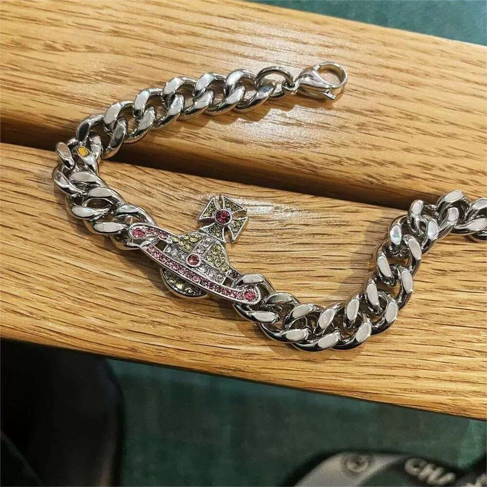 Queen Mother's High-Quality Color Diamond Saturn Necklace for Women, Hip-Hop Punk Cuban Chain Bracelet, Versatile Planet Choker, Trendy