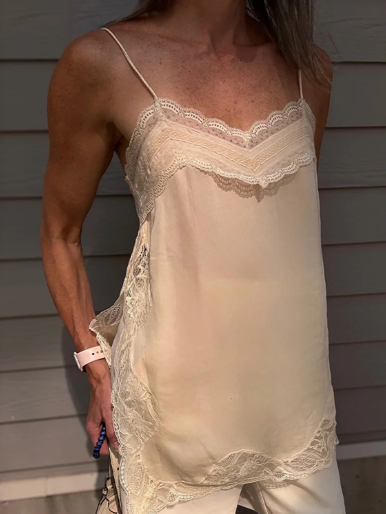 HH Female Summer Fashion V-neck Lace Spliced Split Sling Top Women Chic Sexy Backless Party Style Casual Camisole Top 260306