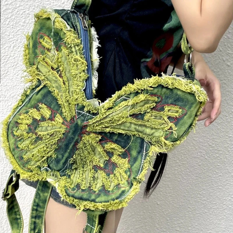 Fashion Butterfly Embroidery Shoulder Bags Y2k Aesthetic Trendy Women Casual Backpacks Vintage Denim Harajuku Crossbody Handbags 260307