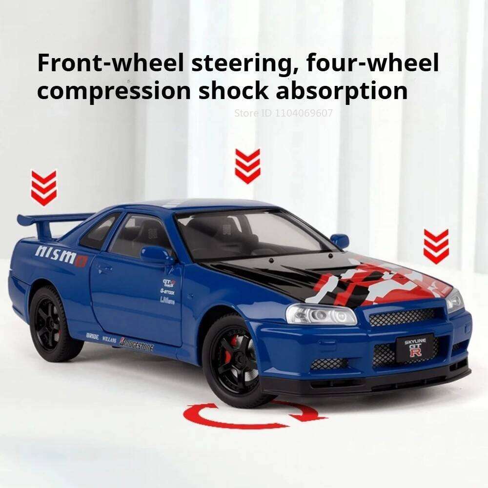 1:24 Scale GTR R34 SKYLINE Car Toys Diecast Alloy Model Front Wheel Steering with Sound Light Pull Back Vehcie Fashion Ornaments Z260307