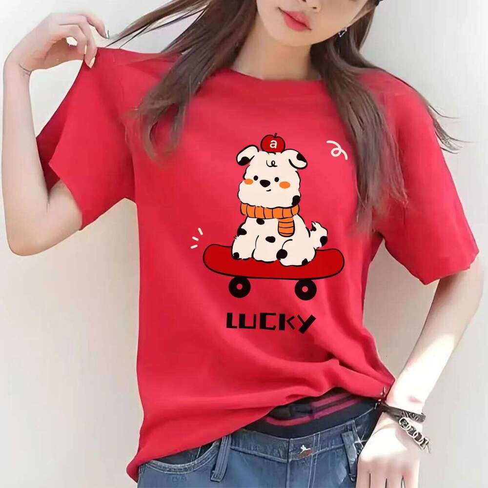 Fashionable Dog Skateboarding Fun Printed Pattern Short Sleeve Round Neck Casual Versatile Women's T-shirt XJ260306 XJ260306