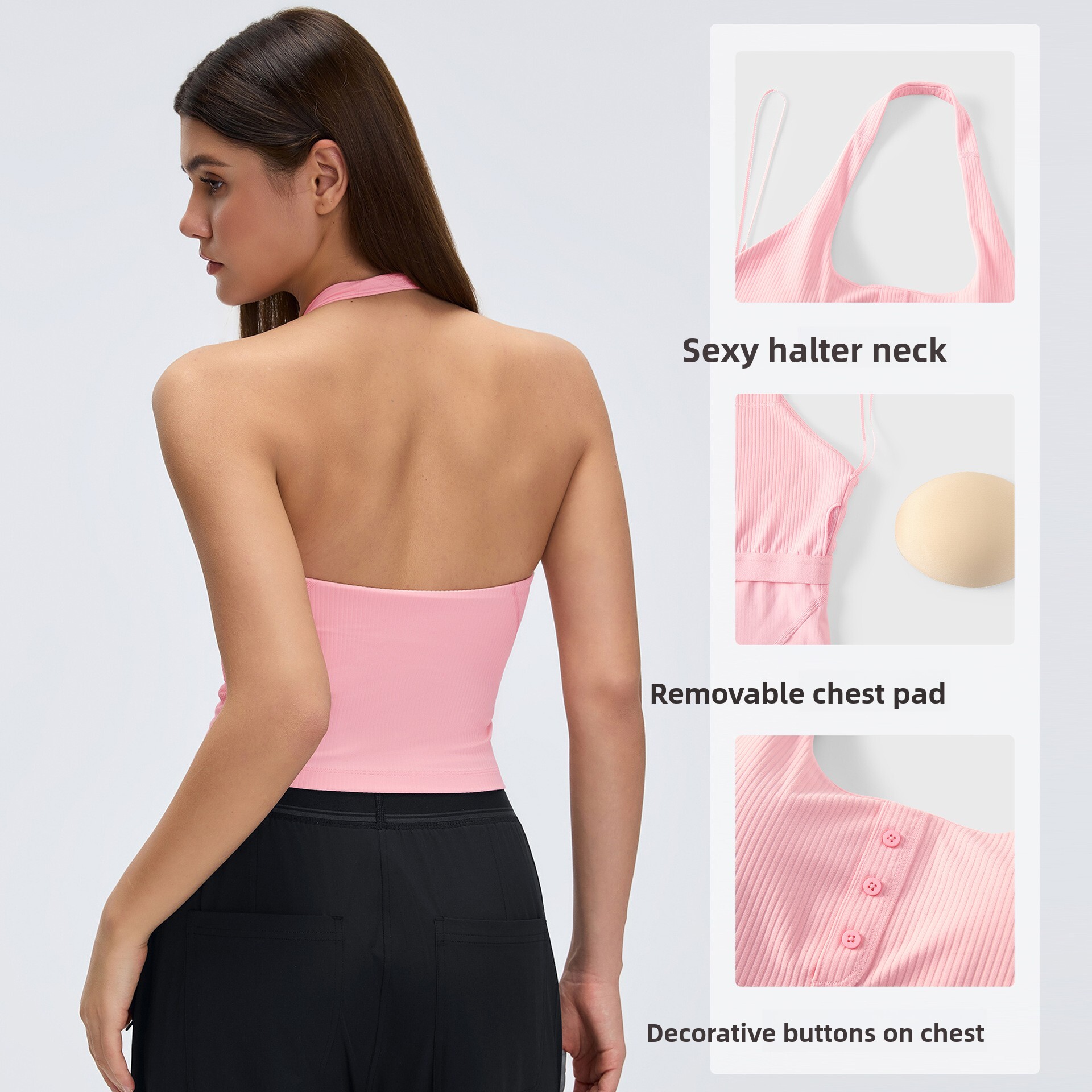 Women's Henry Halter Neck Tank with Chest Pads, Slim Fit Yoga Wear, Running Training Fitness Top D26051