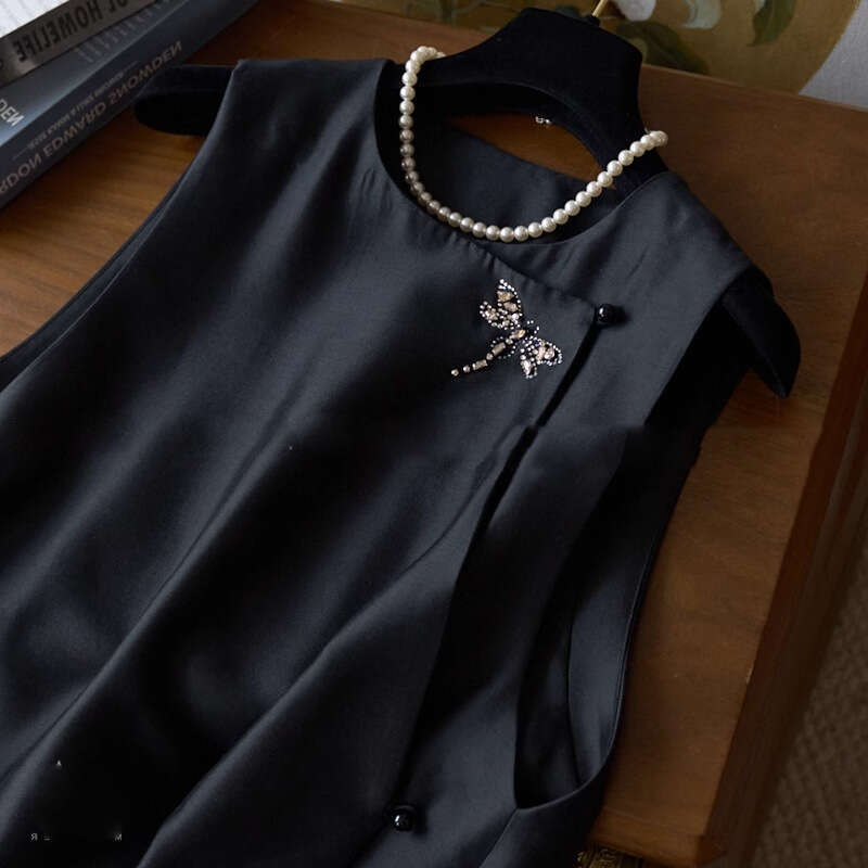 Mardi Hefxessdr Chinese Style Black Vest Cardigan Women Dragonfly Beading Vest Jacket Summer High End O-neck Tank Tops Versatile