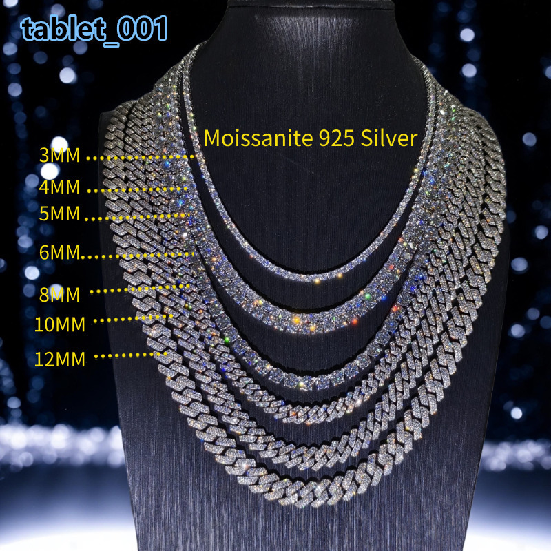 Wholesale Hip-hop 8mm/10mm/12mm 925 Silver 18K Gold-plated Moissanite Cuban Necklace for Gift