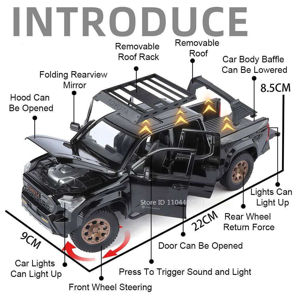 1:24 Alloy Tacoma Tundra Miniature Toys Diecast Models Car Shock Absorption Sound Light Pull Back Vehices Collecting Hobby Gifts Z260306