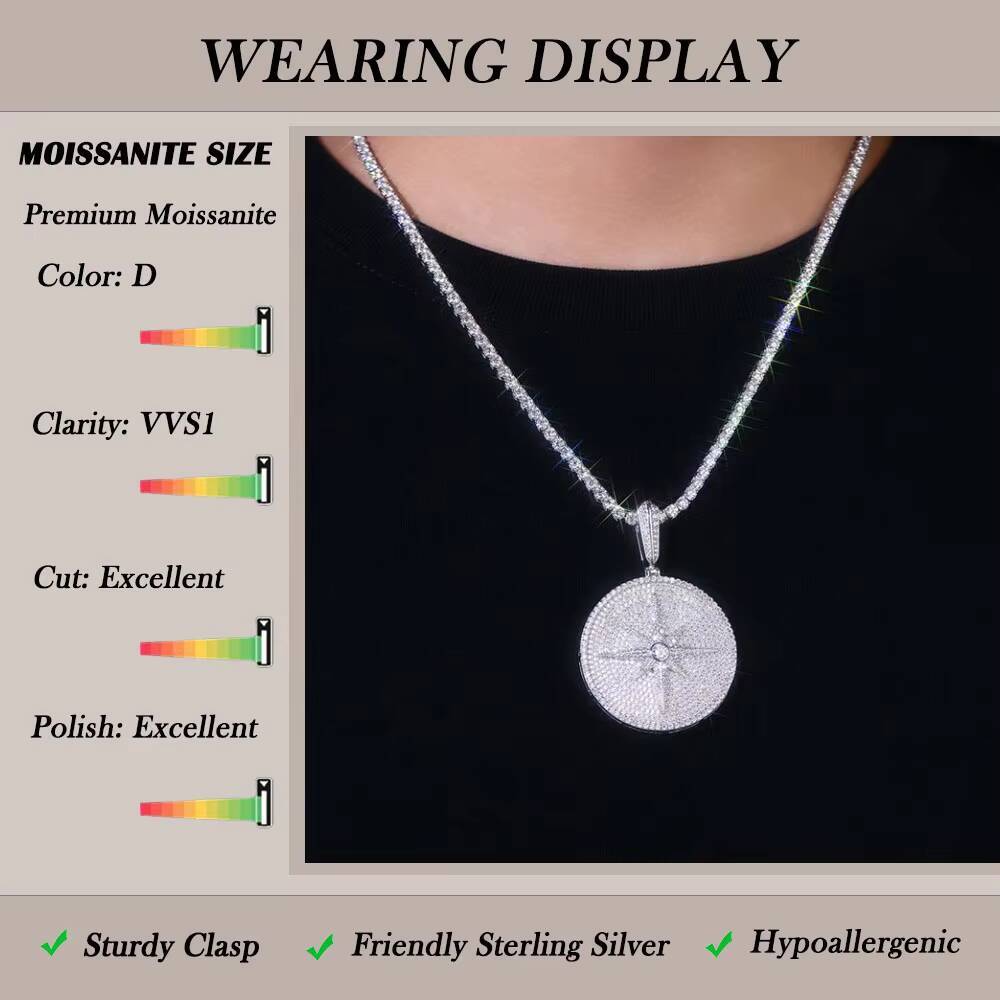 6342CTW Moissanite Pendant Hip Hop Style Full Pave Star Compass Design 925 Sterling Silver 18K Gold Plated for Men and Women