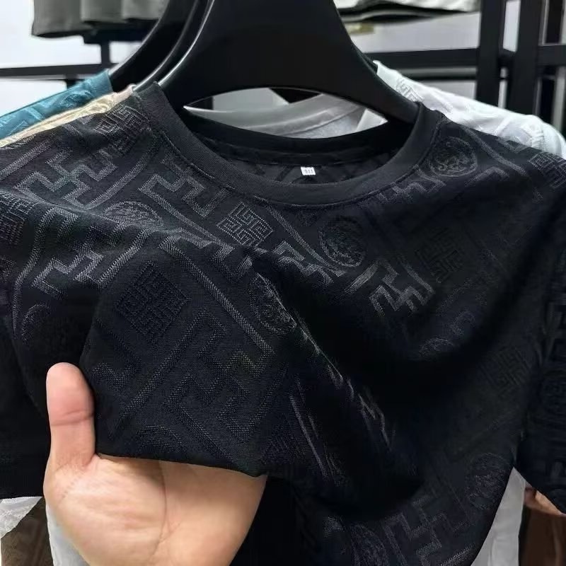 High-End Fashion Daily Luxury Clothing Foreign Trade Men's New Short Sleeve T-Shirt Round Neck Half Sleeve Summer Ice Silk T-Shirt Top Trendy One