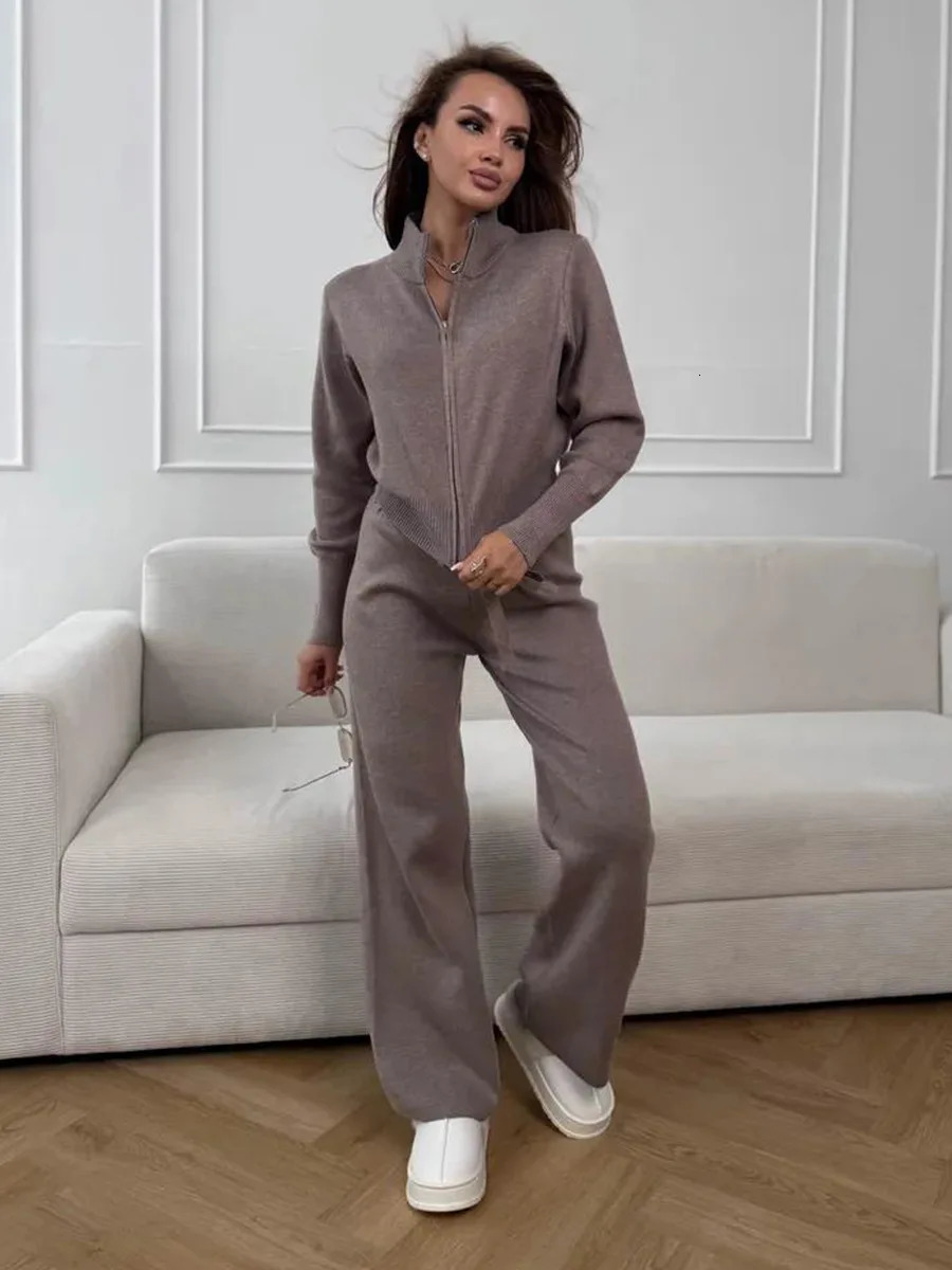 Wolfeel Autumn Winter Zip Up Knit Pants Set Womens Trendy Slim Fit Cardigan Chic Commuting Sweater Outfit 260306