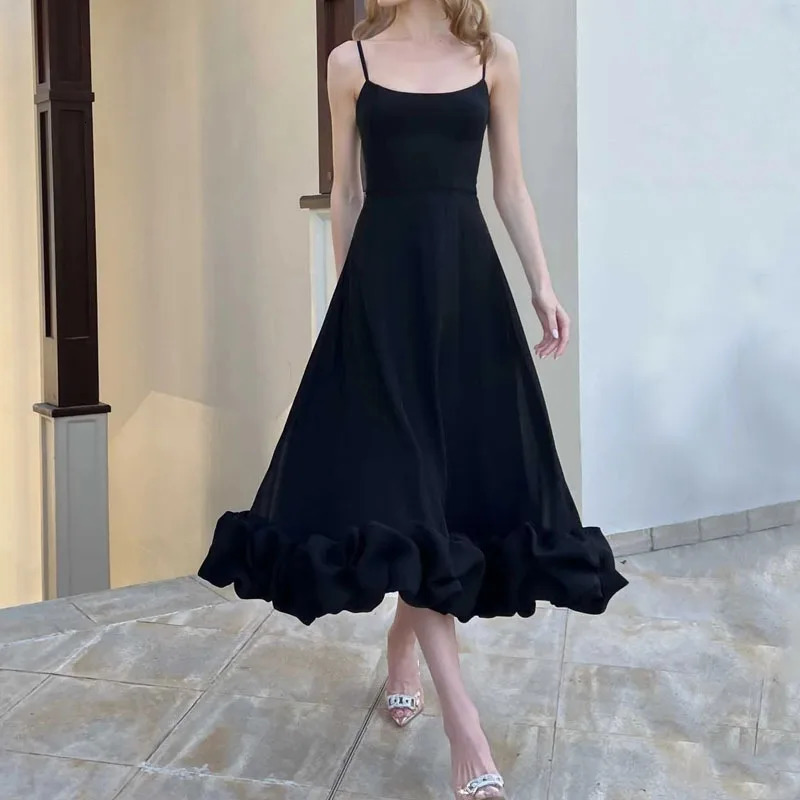 Elegant Ruffle Solid Sling Long Dress Women Strap Waist Party Dresses Fashion Sleeveless Backless Beach Swing skirt Aline tutu 260306