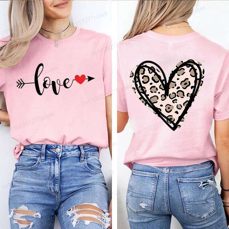 Leopard Shirt T-Shirt Xmas for T Shirts Retro Valentine Heart T-Shirts Casual Short Sleeve Tshirt Women Pink Clothes XJ260306