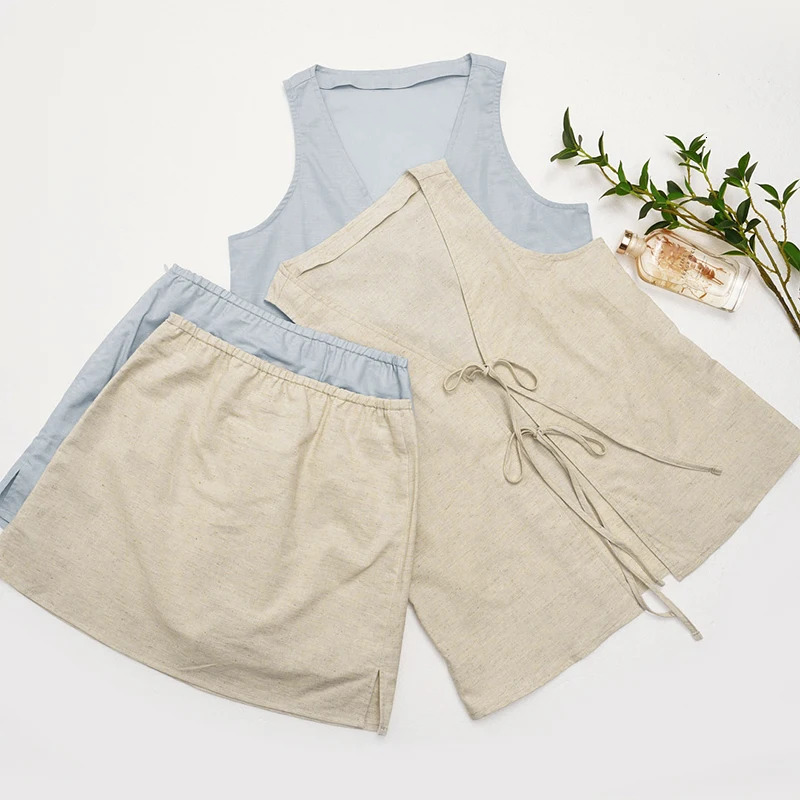Chic Laceup Linen Womens Suit Vacation Beach Style Casual Sleeveless Tops Skirt Summer Cotton TwoPiece Set 260306