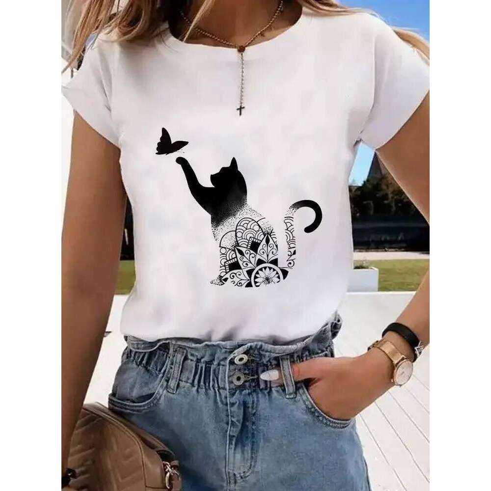 Short Sleeve Print Clothes Women Spring Summer Female Tee Fashion Cat Love Sweet Valentine Shirt Lady Graphic T-shirt XJ260306